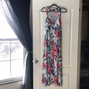 - Floral white pink and blue maxi v neck dress